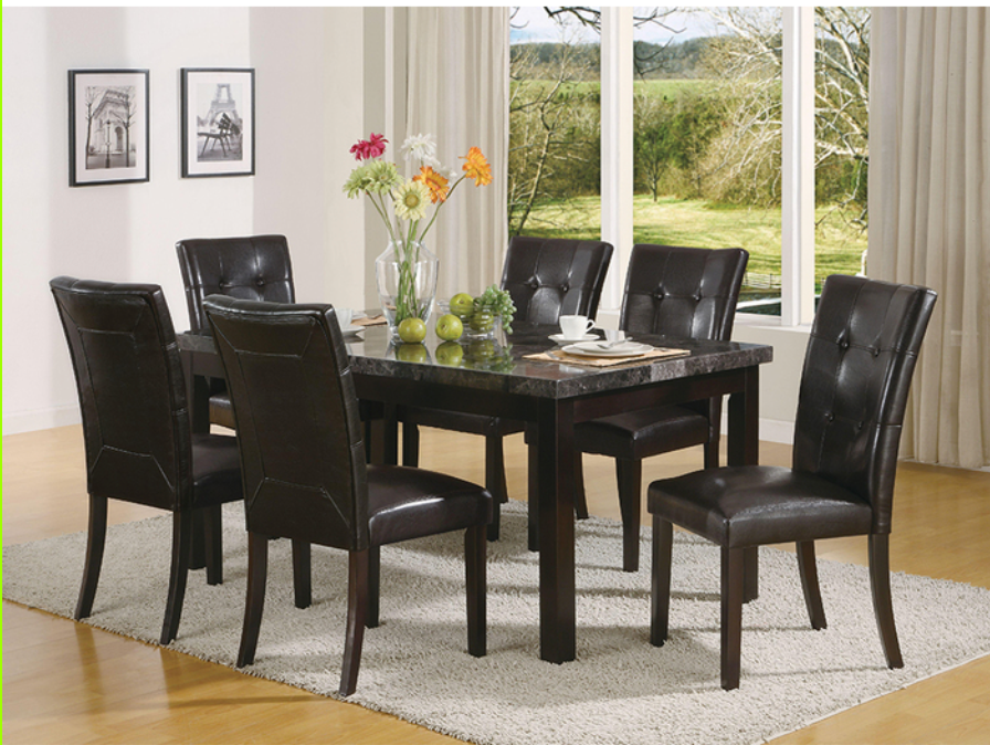 7PC BLACK-GRAY TOP Faux Marble Wooden Dining Table w/ Parson Chair - 7849